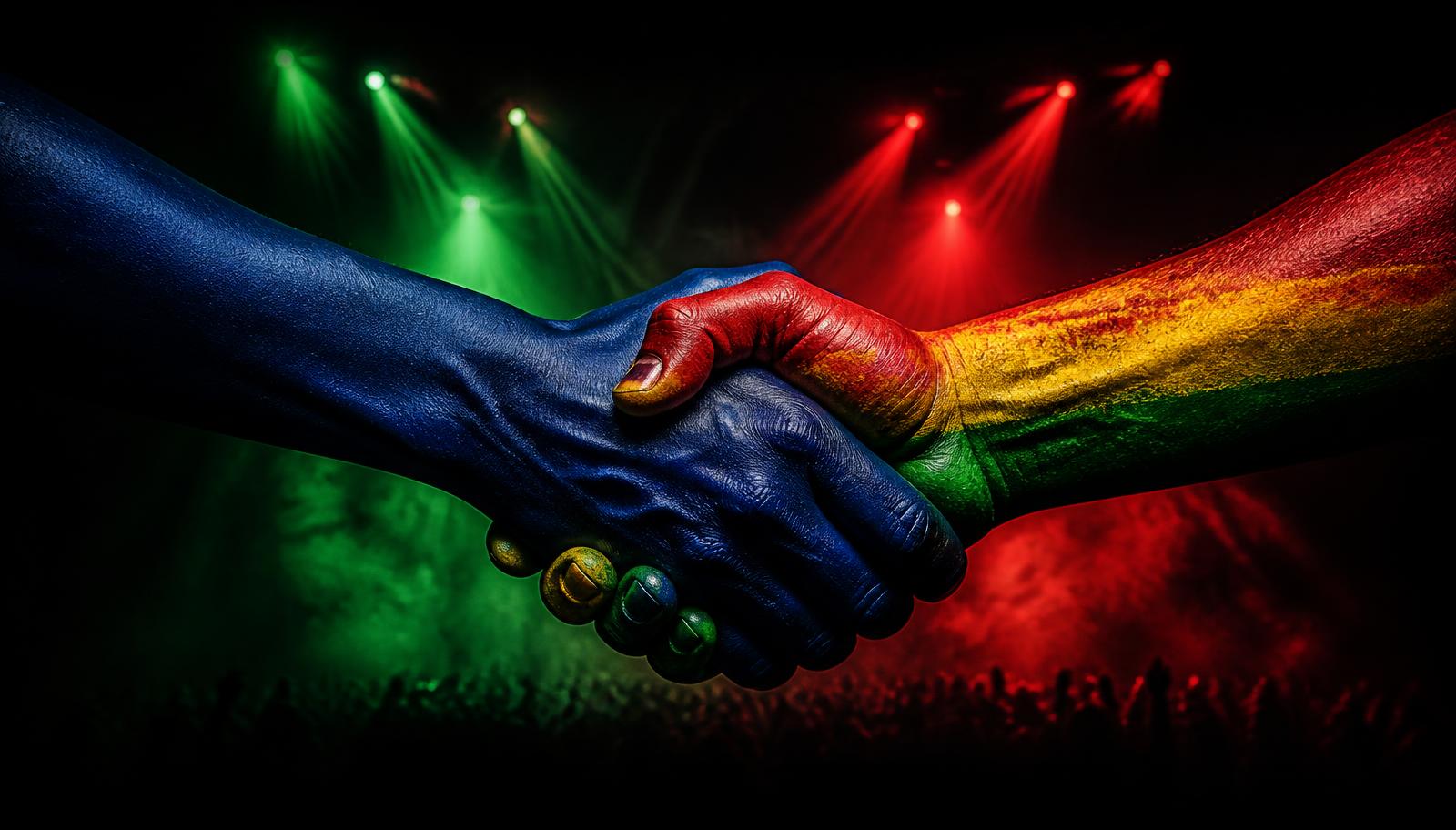 Two painted hands shaking — one navy blue, one in reggae red, gold and green — under concert spotlights